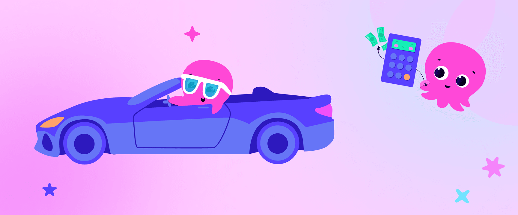 A pink cartoon octopus driving a blue convertible, with another octopus holding a calculator and money, on a colorful background.