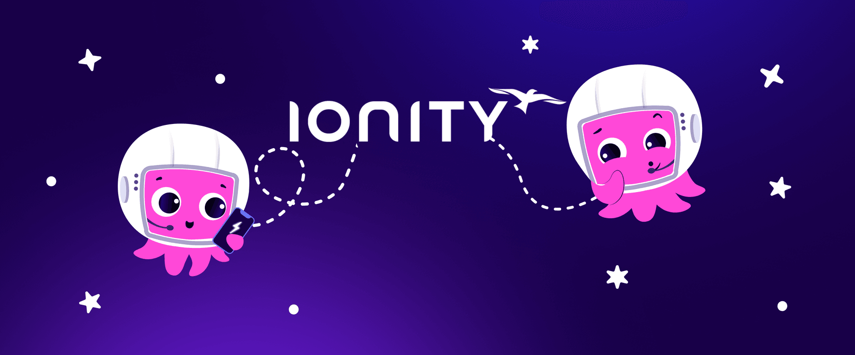 Two pink cartoon octopuses in space helmets connected by a dotted line, floating near the word "IONITY" on a starry dark blue background.