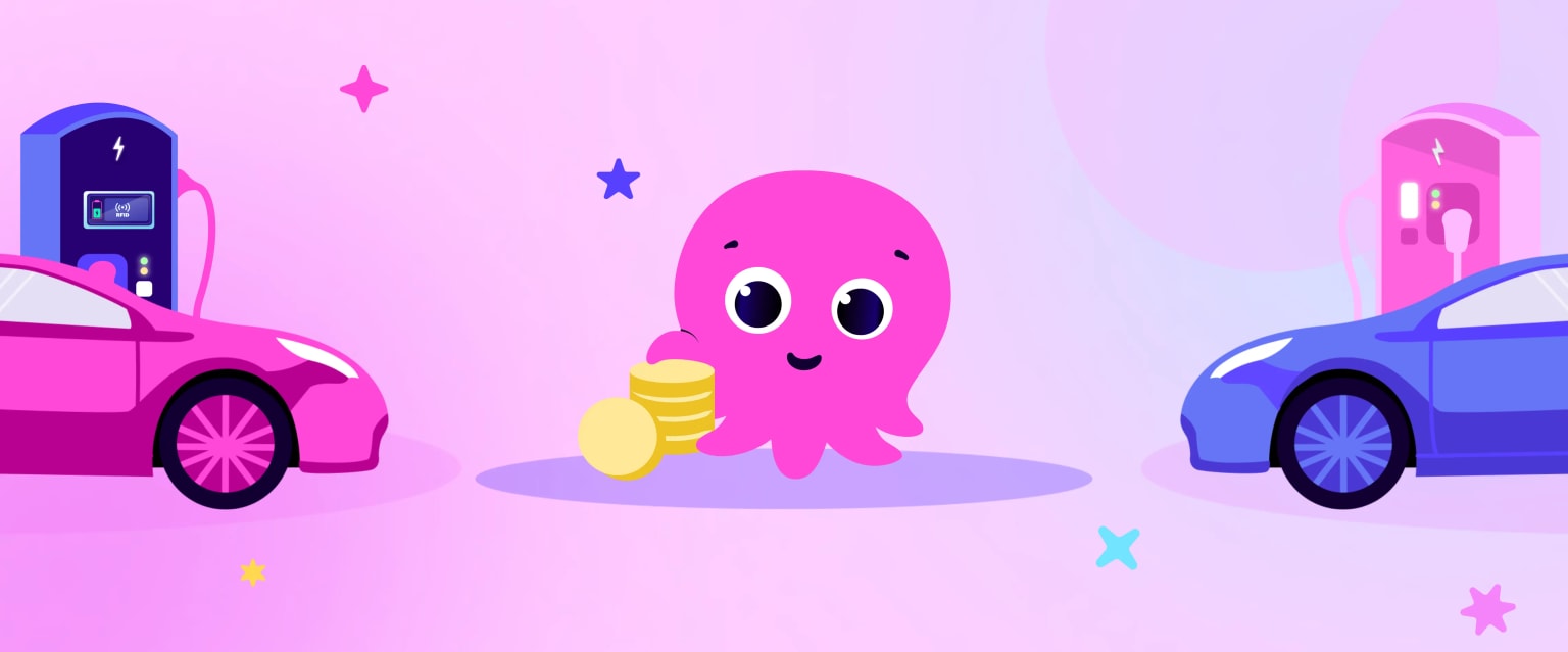 A pink octopus holding coins stands between a pink and a blue electric car, each at charging stations on a purple background with stars.