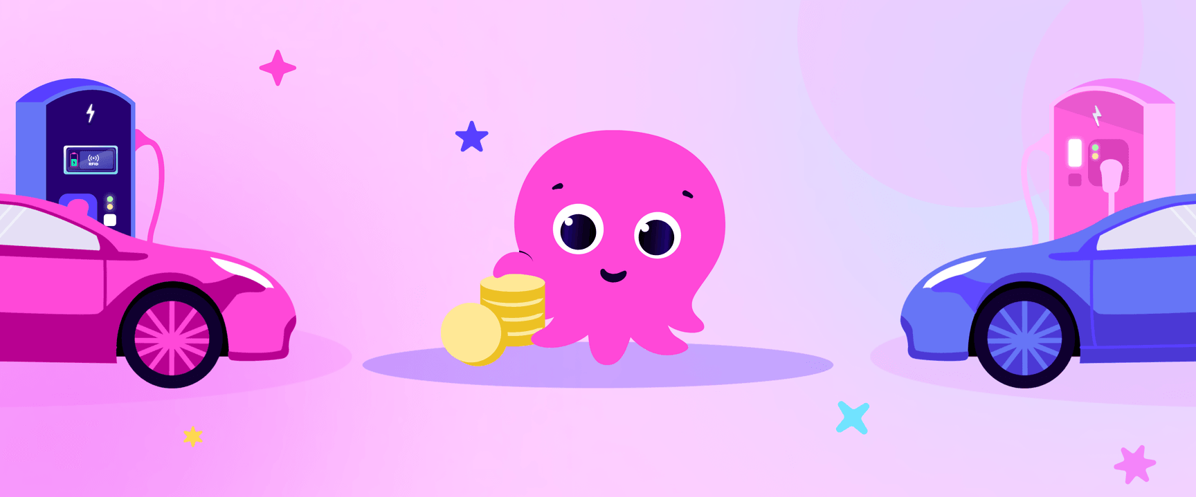 A pink octopus holding coins stands between a pink and a blue electric car, each at charging stations on a purple background with stars.