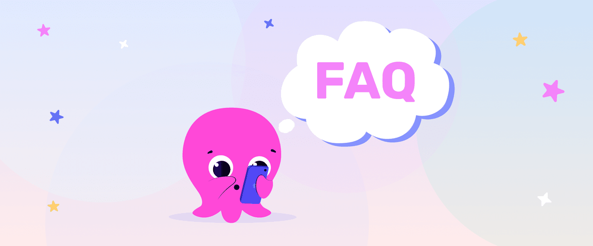 Une pieuvre rose tenant un téléphone présente une bulle de pensée contenant l'inscription « FAQ », entourée d'étoiles colorées sur un fond en dégradé pastel.