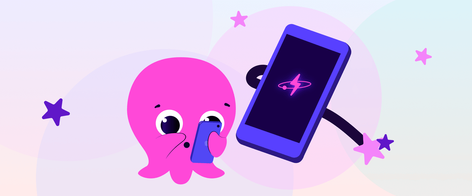 Un polpo rosa in stile cartone animato che tiene in mano uno smartphone accanto a un telefono più grande con il logo Electroverse rosa acceso, il tutto circondato da stelle su uno sfondo pastello.