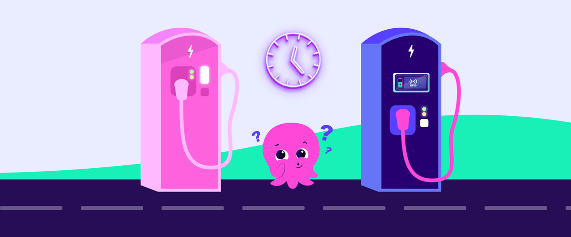 A confused cartoon octopus stands between pink and blue EV charging stations with a clock above, showing time and decision uncertainty.