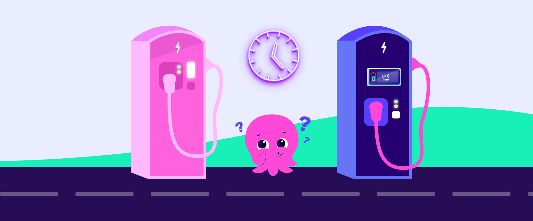 A confused cartoon octopus stands between pink and blue EV charging stations with a clock above, showing time and decision uncertainty.