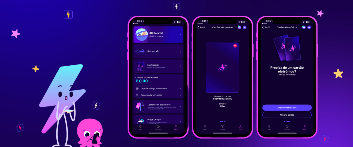 Quatro ecrãs de smartphones exibem uma interface de aplicação financeira com tema roxo e várias funcionalidades, juntamente com personagens de desenhos animados e ícones.