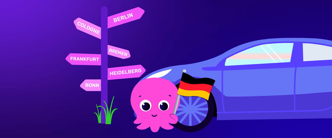 Pink octopus in front of ev and signpost with German cities