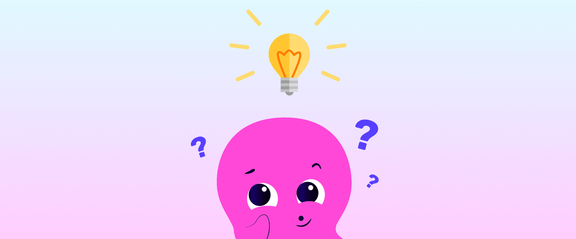 A pink cartoon character with a thoughtful expression, surrounded by question marks. A glowing light bulb floats above its head, symbolising an idea.