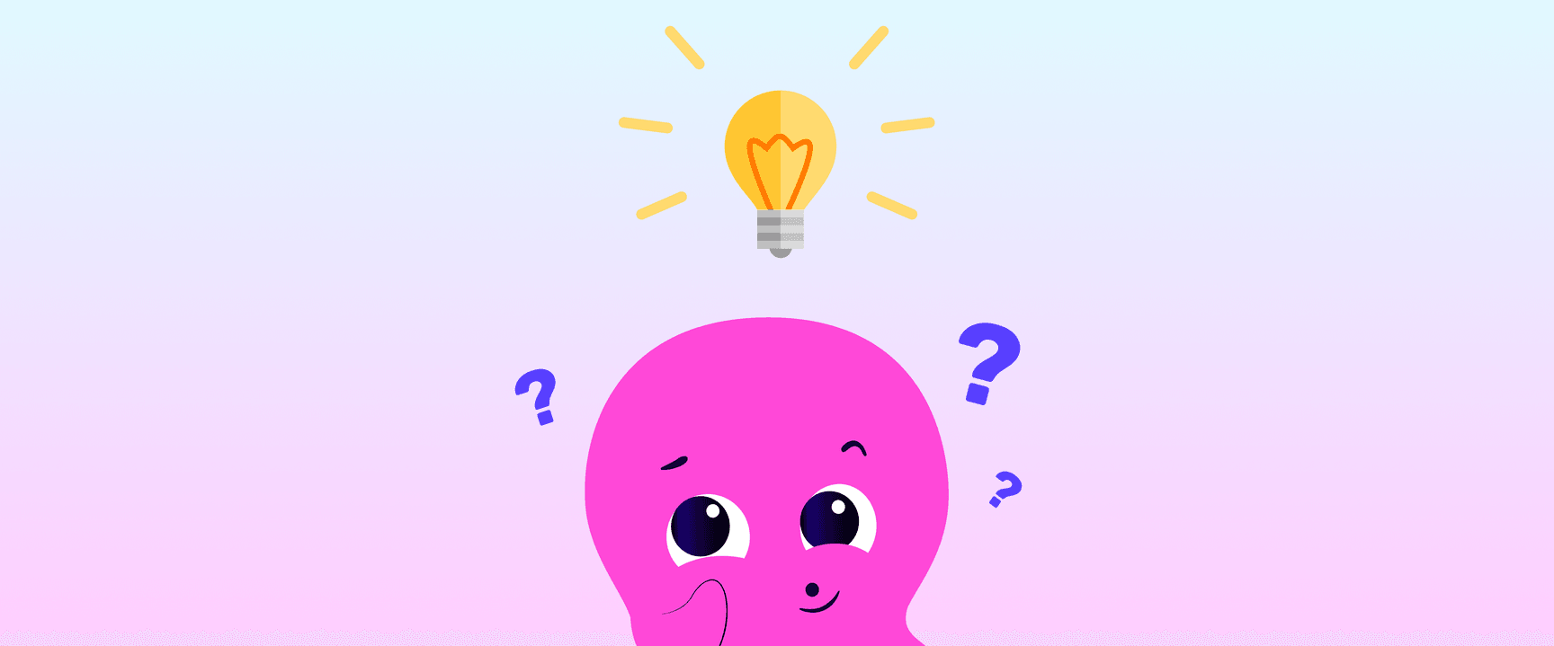 A pink cartoon character with a thoughtful expression, surrounded by question marks. A glowing light bulb floats above its head, symbolising an idea.