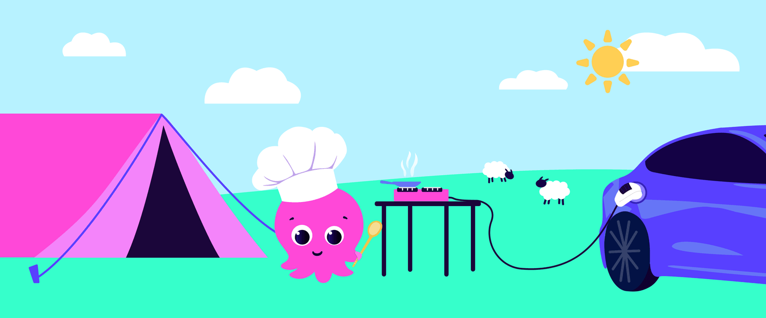 A pink cartoon octopus wearing a chef hat cooks at a camp stove near a purple tent, with a blue electric car and sheep grazing nearby.