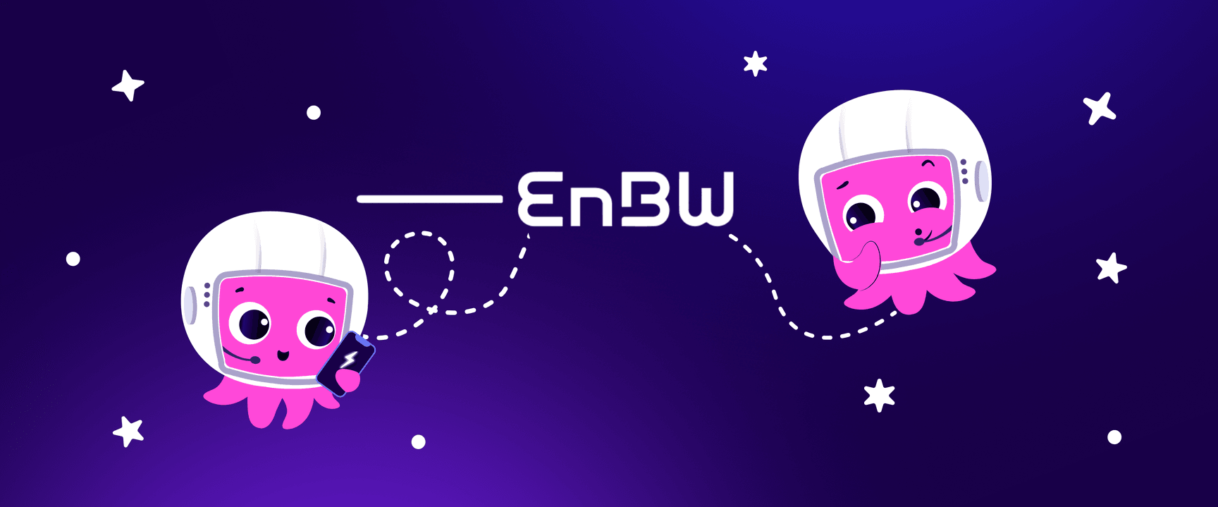 Two pink octopus characters in space helmets float against a starry background near the stylized text "EnBW."