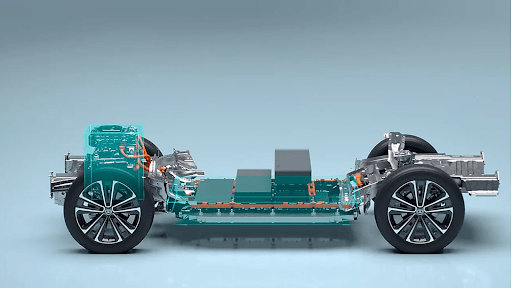 Vista laterale del telaio elettrico di un'auto, con batterie, ruote e sospensioni su uno sfondo azzurro.