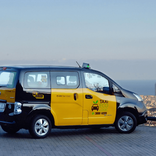 Un taxi ecológico negro y amarillo estacionado en una zona pavimentada, con el paisaje urbano y el océano visibles al fondo.