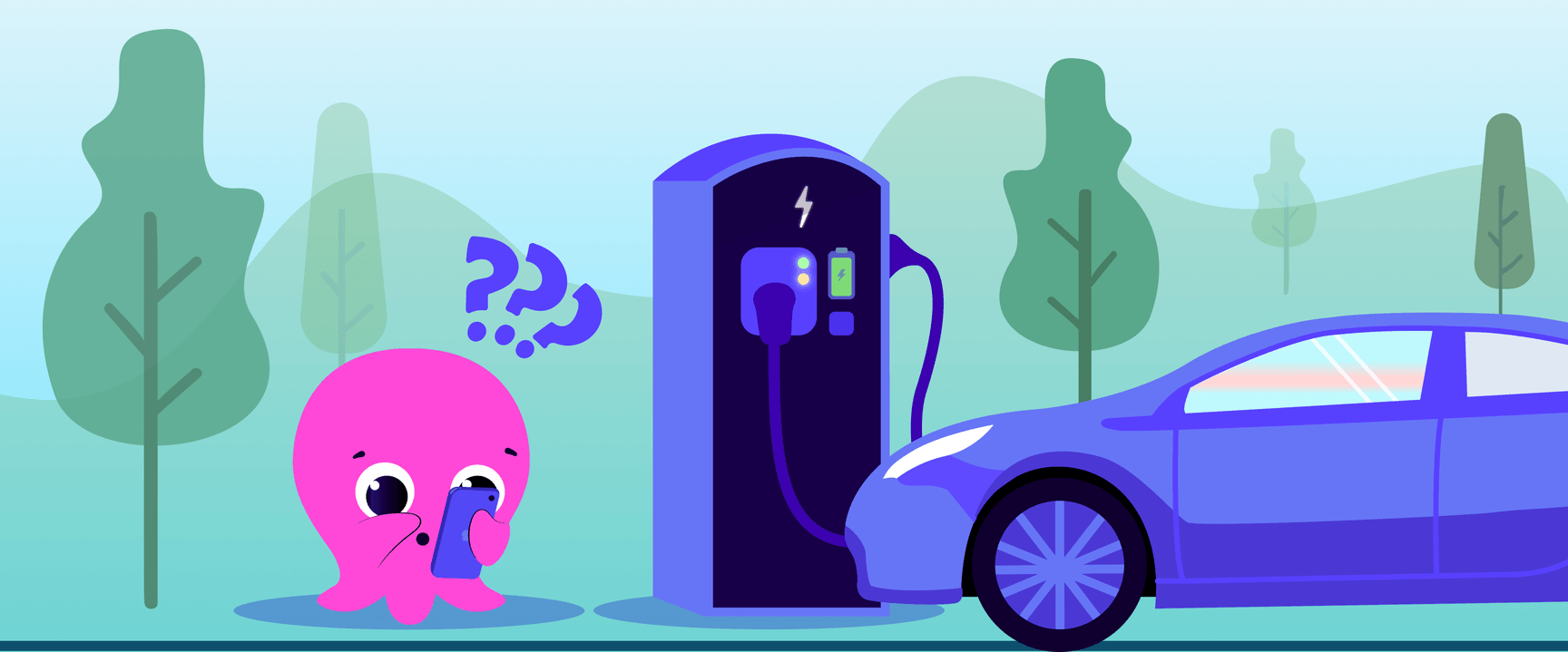 A confused pink octopus holding a smartphone stands near an electric car charging station, with question marks above its head.