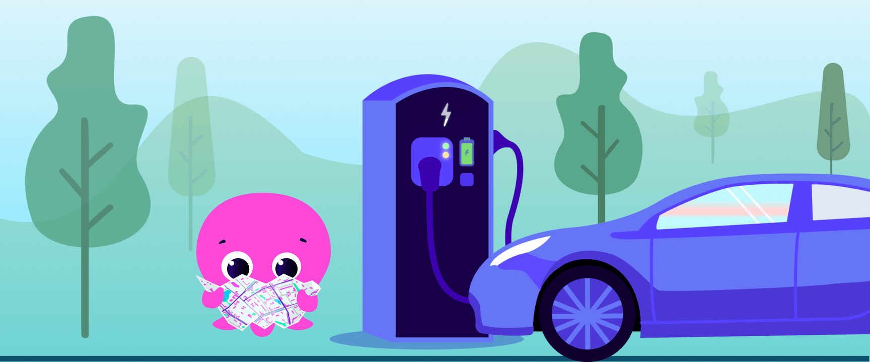 Cute pink creature holds a map next to an electric car charging at a station, set against a backdrop of stylized trees.