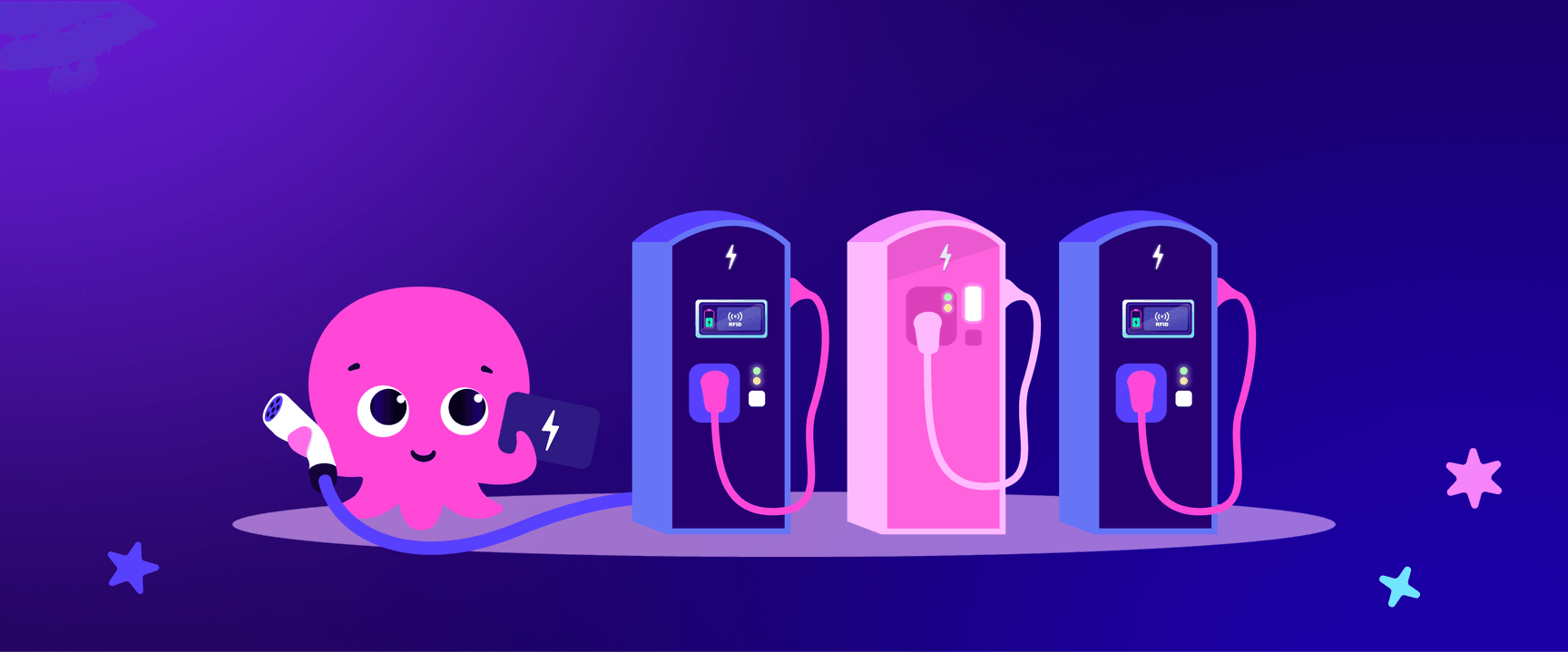 Cute pink octopus with a charging cord and card, next to three electric charging stations on a blue background with stars.