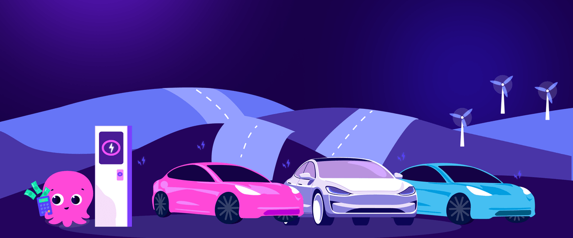 Three electric cars at a charging station beside a pink octopus holding a plug, with a road and wind turbines in the background.