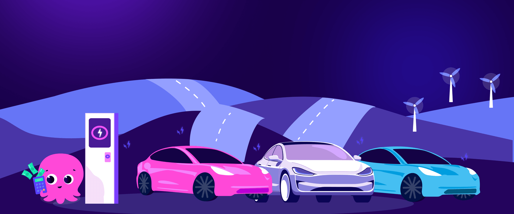 Three electric cars at a charging station beside a pink octopus holding a plug, with a road and wind turbines in the background.