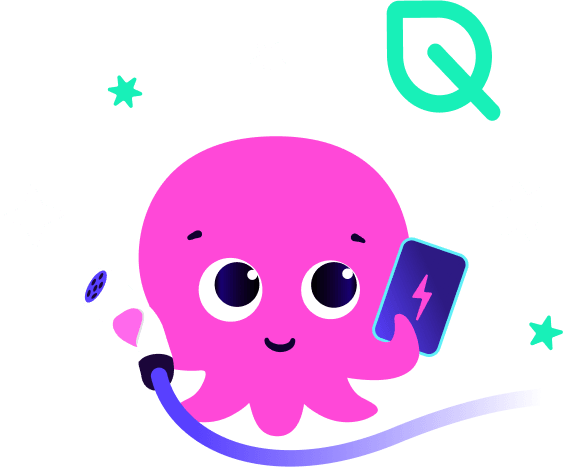 Cute pink octopus holding a charging cable and smartphone, surrounded by stars and a leaf symbol, indicating eco-friendly energy.