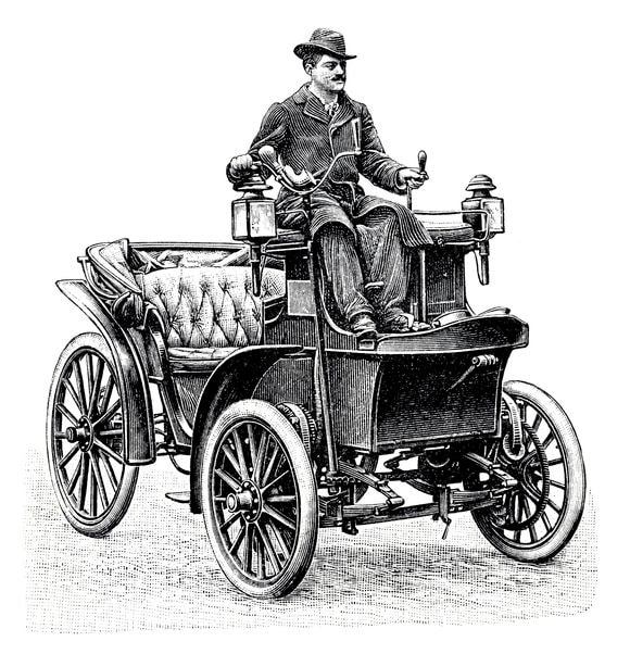 Vintage-Illustration eines Mannes mit Hut, der ein frühes Cabriolet mit großen Rädern und einem gesteppten Sitz fährt.