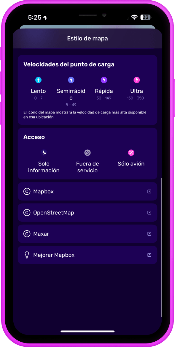 Pantalla de la aplicación móvil que muestra las opciones de estilo del mapa para las velocidades de carga: Lenta, Semirrápida, Rápida, Ultra. Opciones de acceso: Solo información, Sin conexión, Avión.