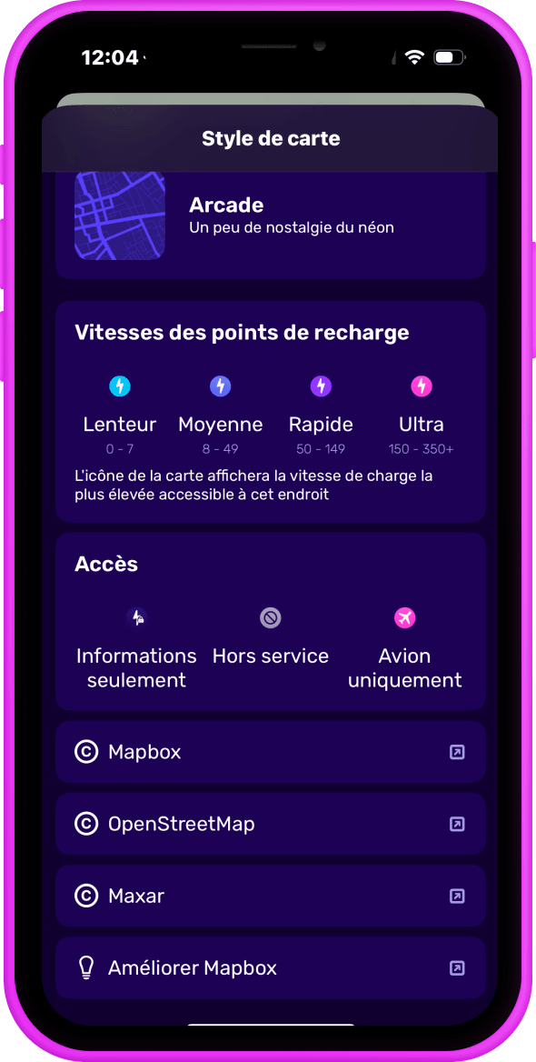un iPhone rose avec un onglet de style carte ouvert, contenant des épingles multicolores avec, lent, rapide, rapide, ultra-rapide