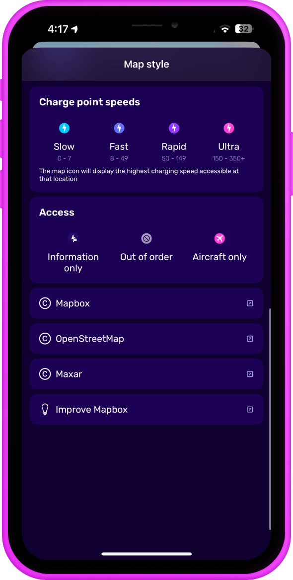 Smartphone screen displaying a map style settings menu with charge point speeds and access options, including map sources like Mapbox and OpenStreetMap.