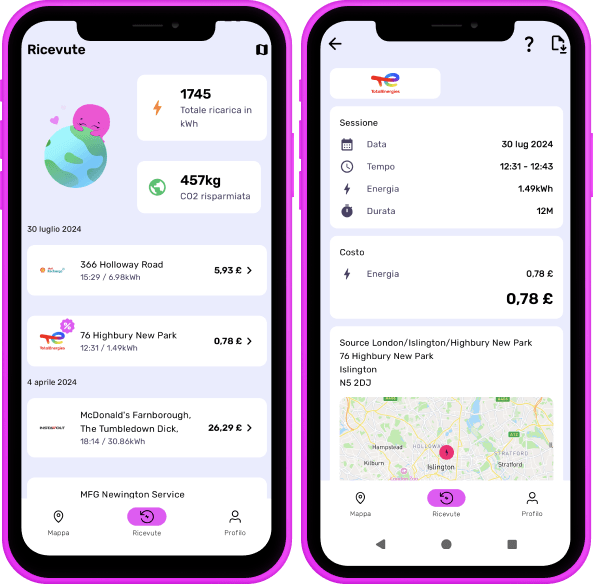 L'app di ricarica Octopus Electroverse per veicoli elettrici. Cronologia delle ricariche e ricevute di ricarica.