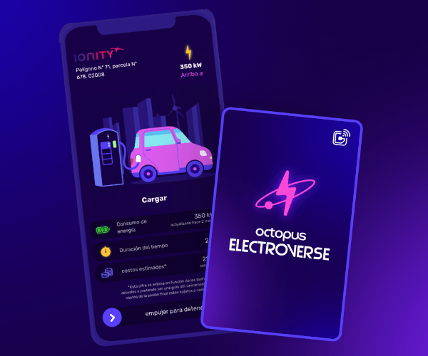 Octopus Electroverse app with charging screen and Electrocard