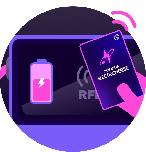 Hand holding a card labeled "octopus ELECTROVERSE" near a screen displaying a battery icon, indicating a wireless charging concept.
