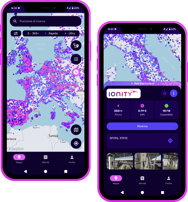 Interfaccia dell'app mobile che mostra una mappa delle stazioni di ricarica per veicoli elettrici in tutta Europa e informazioni dettagliate su un punto di ricarica IONITY selezionato, tra cui potenza, prezzo per kWh e disponibilità.