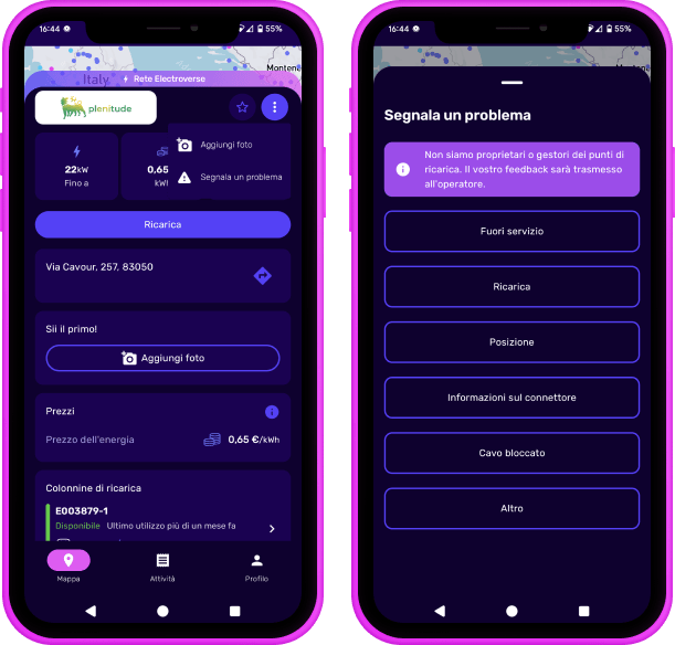 Due schermi di smartphone che mostrano l'interfaccia di un'app per segnalare problemi con le stazioni di ricarica, con opzioni come “Fuori servizio” e “Problemi di connessione”.