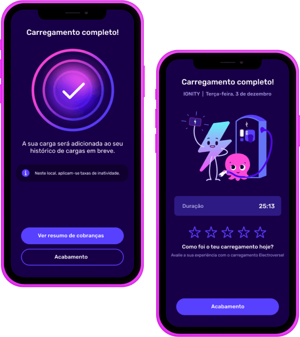 Duas telas de smartphone mostrando a interface de um aplicativo de carregamento com o status de carregamento concluído, uma classificação por estrelas e uma ilustração de personagem de desenho animado.