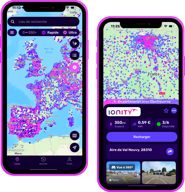 Two pink iphone screens with the Electroverse app map and an IONITY charger information tab