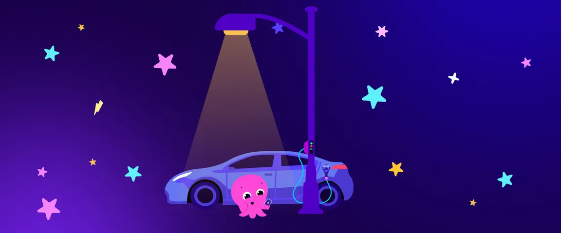 Pink octopus holding a phone next to an electric car charging under a streetlight, surrounded by colorful stars on a dark blue background.