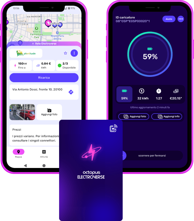 Interfaccia dell'app mobile che mostra i dettagli relativi alla ricarica dei veicoli elettrici Be Charge (plentitude), tra cui posizione, prezzo e percentuale di ricarica, con un design dai toni scuri.
