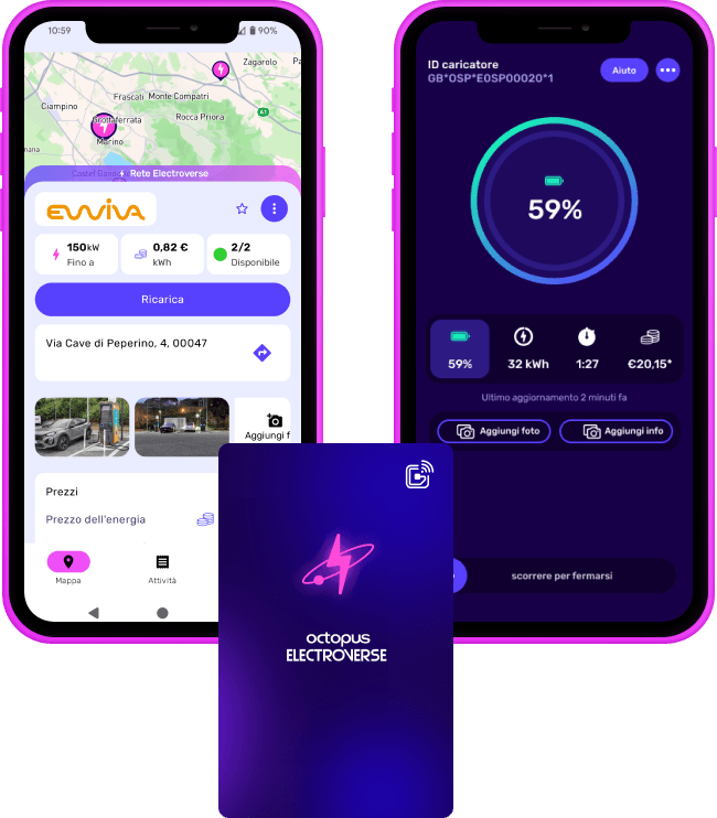 Interfaccia dell'app mobile che mostra i dettagli relativi alla ricarica dei veicoli elettrici Ewiva, tra cui posizione, prezzo e percentuale di ricarica, con un design dai toni scuri.