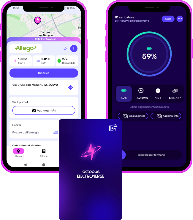 Interfaccia dell'app mobile che mostra i dettagli relativi alla ricarica dei veicoli elettrici Allego, tra cui posizione, prezzo e percentuale di ricarica, con un design dai toni scuri.