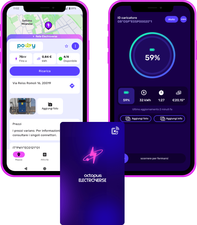 Interfaccia dell'app mobile che mostra i dettagli relativi alla ricarica dei veicoli elettrici Powy, tra cui posizione, prezzo e percentuale di ricarica, con un design dai toni scuri.