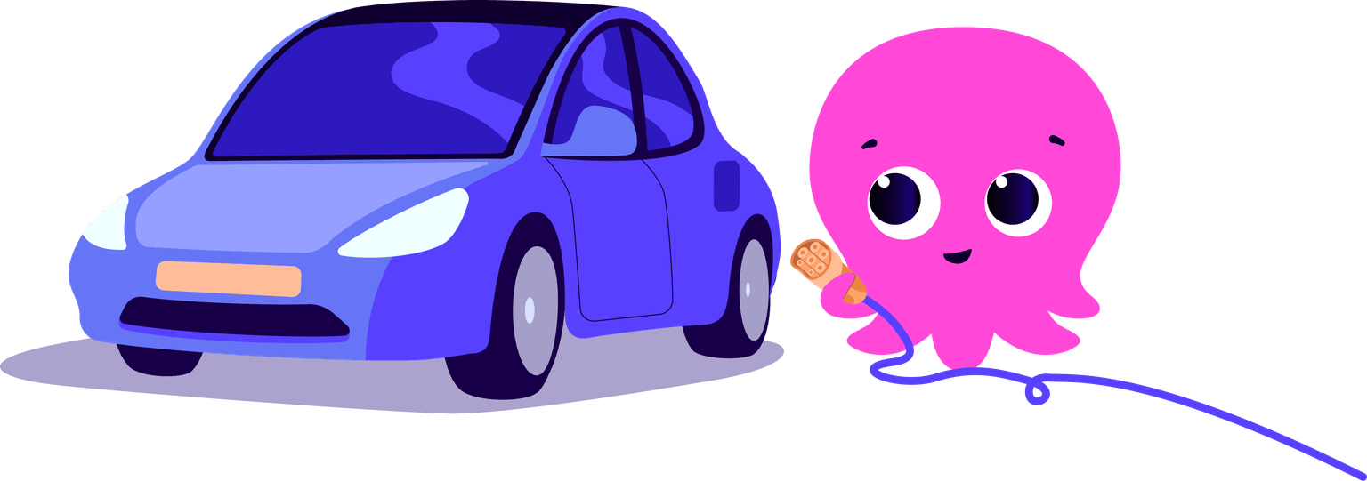 Une pieuvre rose de dessin animé tient une prise de recharge près d'une voiture électrique bleue.