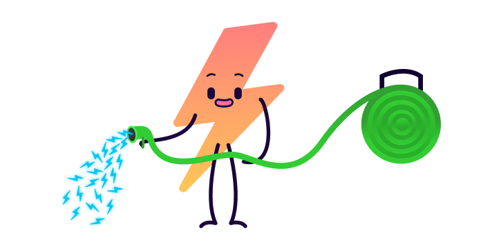 Zapman, la mascota de Electroverse, usa una manguera de jardín, donde aparecen pequeñas gotas eléctricas en lugar de agua.