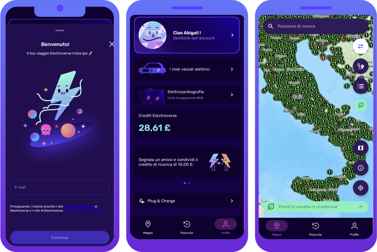 Tre schermate di smartphone che mostrano l'interfaccia dell'app di ricarica per veicoli elettrici Octopus Electroverse con una pagina di benvenuto, una dashboard utente e una mappa con le stazioni di ricarica.