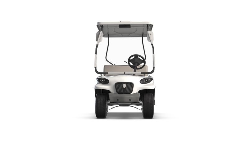 Front view of a white golf cart with a steering wheel, windshield, and roof, positioned on a plain white background.