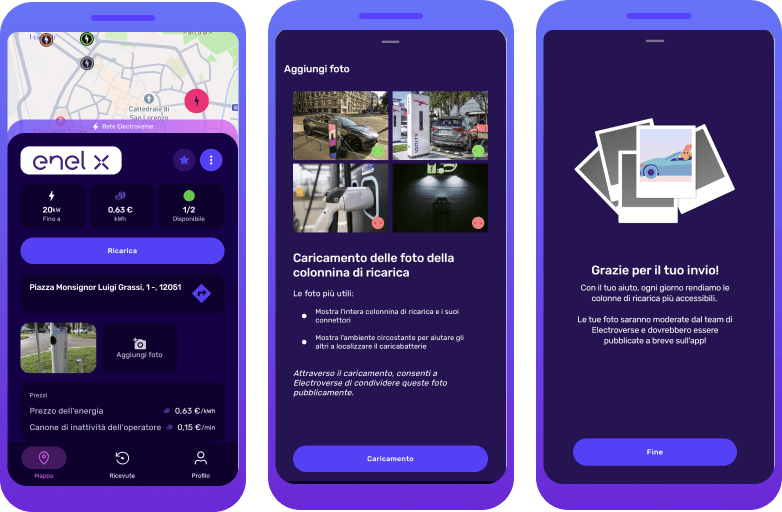 L'app Octopus Electroverse mostra una mappa dei punti di ricarica per veicoli elettrici, una schermata di caricamento delle foto e una conferma di invio per una stazione di ricarica per veicoli elettrici.
