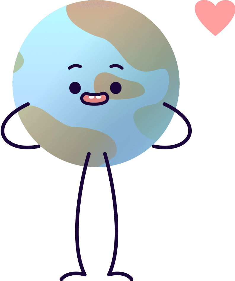 Simpatico personaggio dei cartoni animati raffigurante la Terra, con viso, braccia e gambe sorridenti, in piedi accanto a un cuore rosa su sfondo bianco.