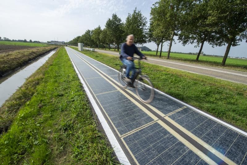 A person rides a bicycle on a solar-panel-covered bike path lined with trees in a rural area.