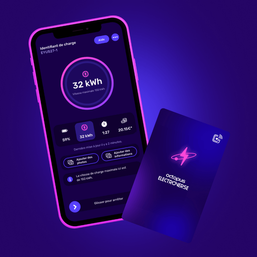 Application mobile affichant l'état de charge de 32 kWh à côté d'une carte de recharge Octopus Electroverse violette.