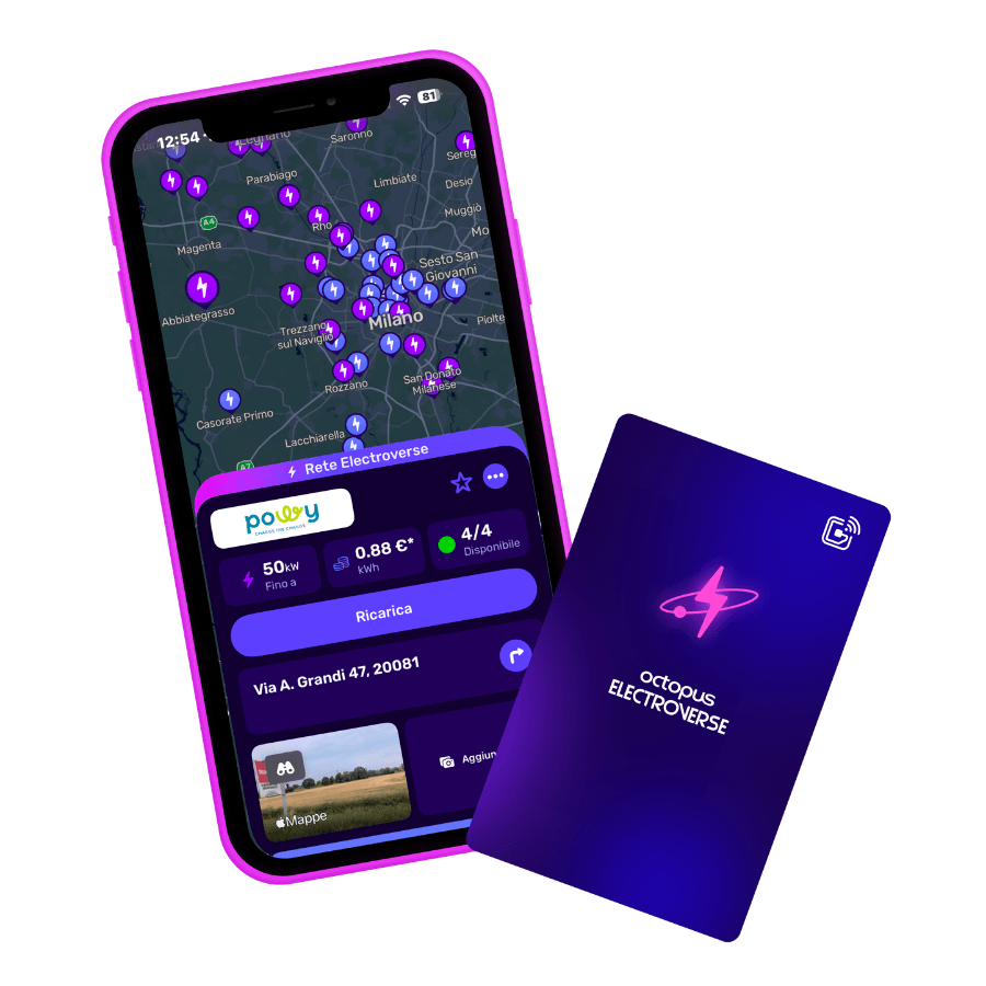 Smartphone displaying an electric vehicle charging app with a map of Milan, alongside an Octopus Electroverse card.