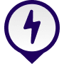 Un'icona a forma di puntina da mappa viola con un cerchio bianco contenente al centro un simbolo a forma di fulmine viola scuro in grassetto.