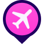 Un'icona rosa a forma di puntina da mappa con al centro il simbolo di un aeroplano bianco, che indica una stazione di ricarica elettrica per aeroplani.