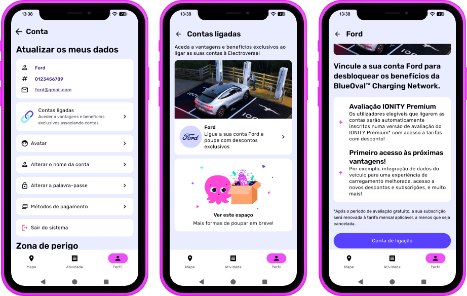três smartphones exibindo a aplicação de carregamento Octopus Electroverse. Instruções sobre como associar uma conta Electroverse e uma conta Ford.